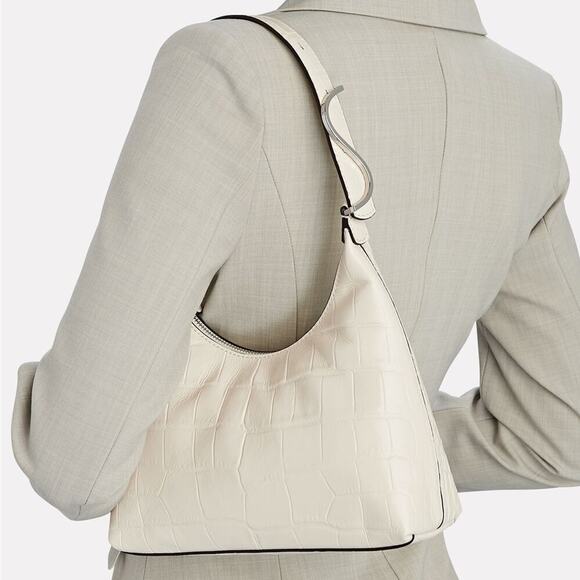 Staud Scotty Crocodile Embossed Monogram Leather Hobo Bag In Cream - Picture 3 of 8
